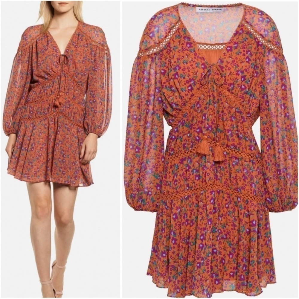 Rebecca Minkoff Caden ruched tiered dress, burnt orange floral print, lined, XS